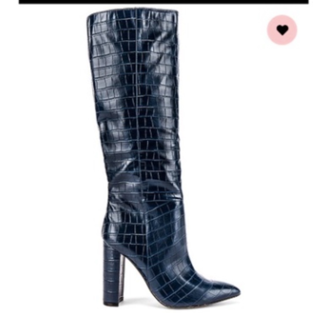 Steve Madden Navy Croc-Embossed Knee-High Block Heel Boots